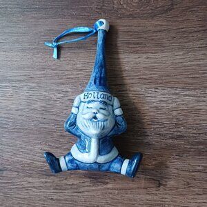Vintage Delft Blue Holland Santa Christmas Ornament 4.75" Straddle
